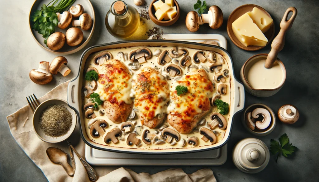Ovenschotel met kip en champignonroomsaus